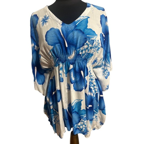 Thai Two Blue & White Floral Print Beach Coverup - Picture 1 of 11